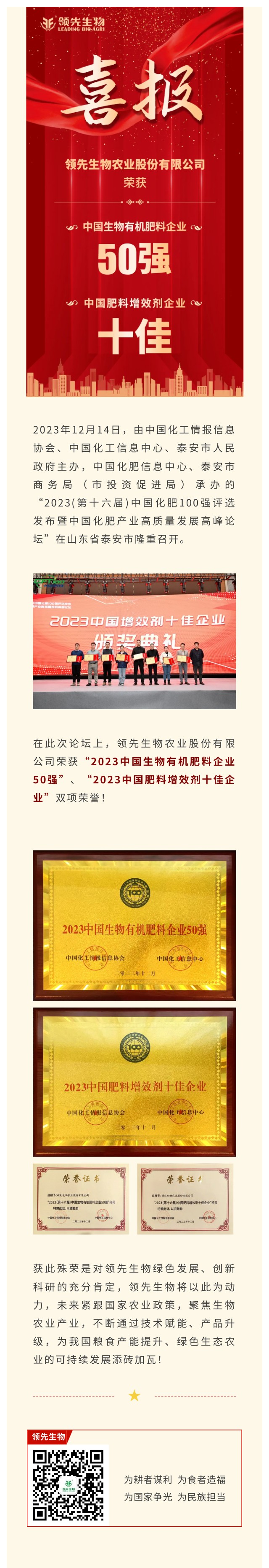 實(shí)力上榜 | 領(lǐng)先生物榮獲2023中國(guó)生物有機(jī)肥料企業(yè)50強(qiáng)！中國(guó)肥料增效劑十佳企業(yè)！